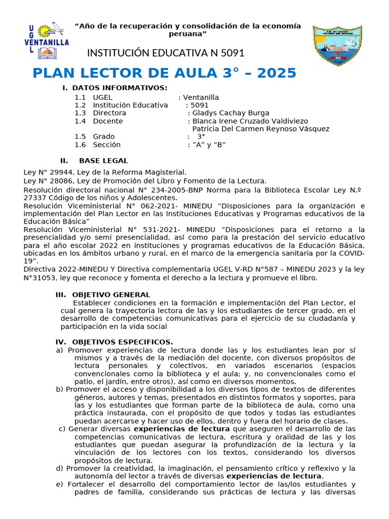 Plan Lector Aula 3° - 2025 | PDF | Salón de clases | Comunicación humana
