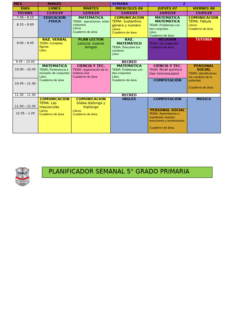 Horario de Clases Primaria 2024 | PDF | Comunicación