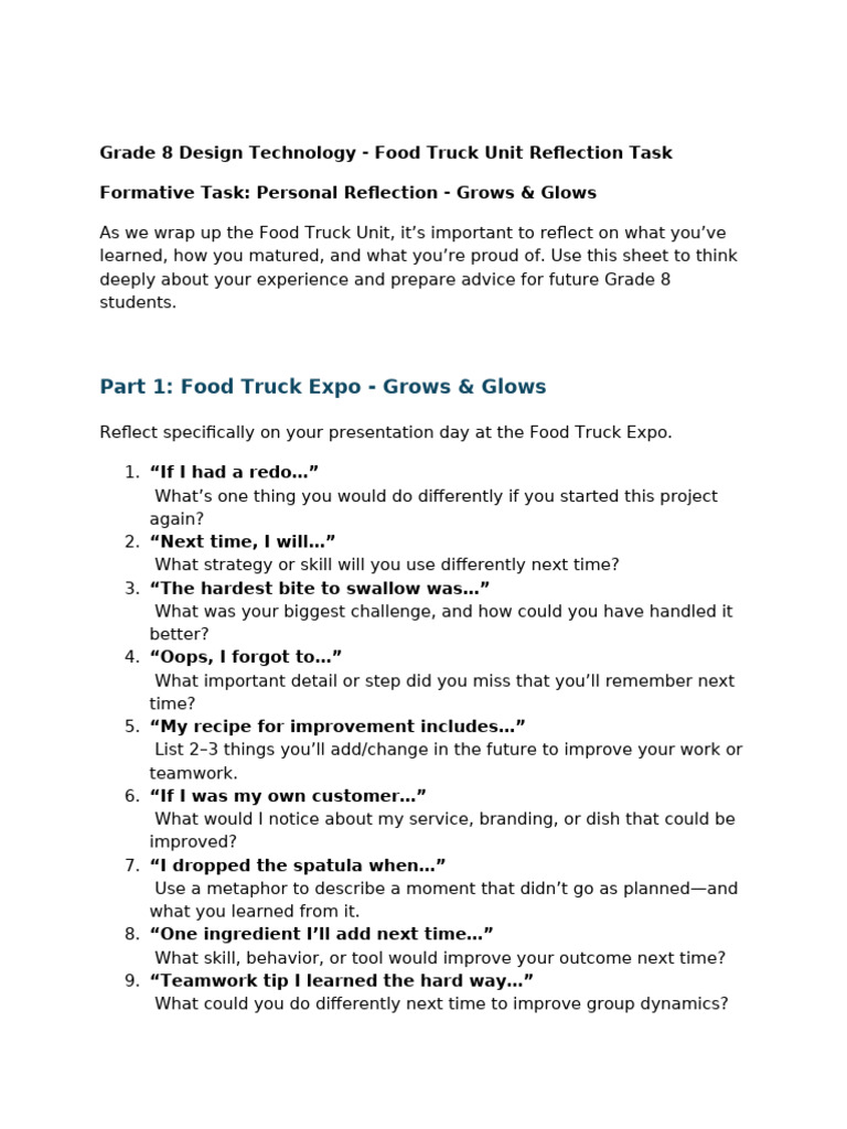 Grade 8 Food Truck Unit Reflection Guide | PDF