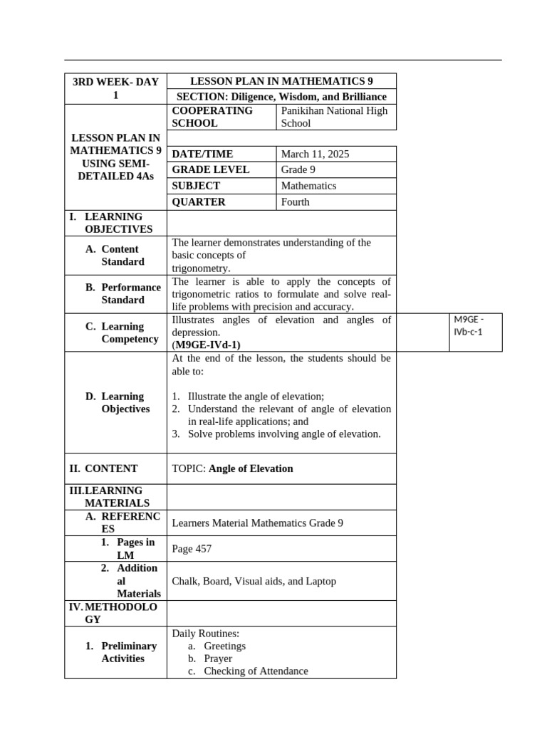 Grade 9 Trigonometry Lesson Plan | PDF | Trigonometric Functions ...