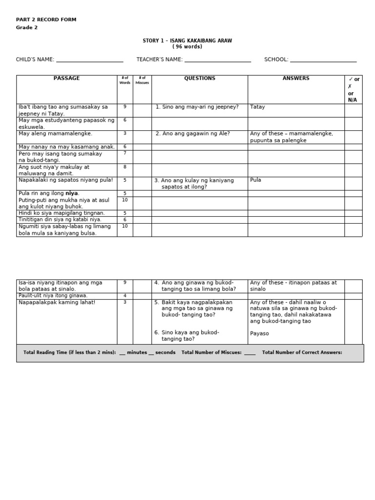 CRLA G2 FilipinoLearnerRecordForm | PDF