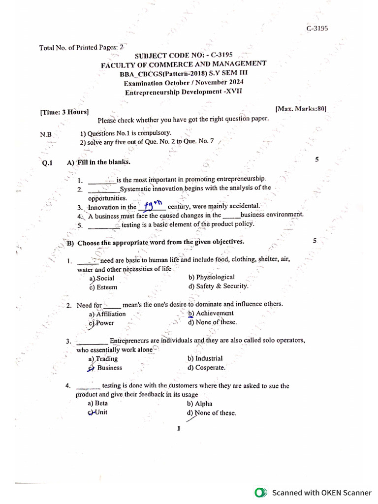 Entrepreneurship Development 3rd Sem - OCT - NOV - 2024 | PDF