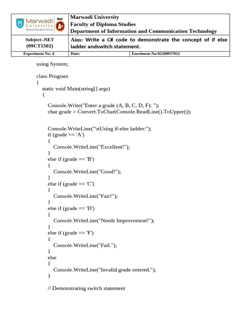 C# If-Else Ladder and Switch Example | PDF