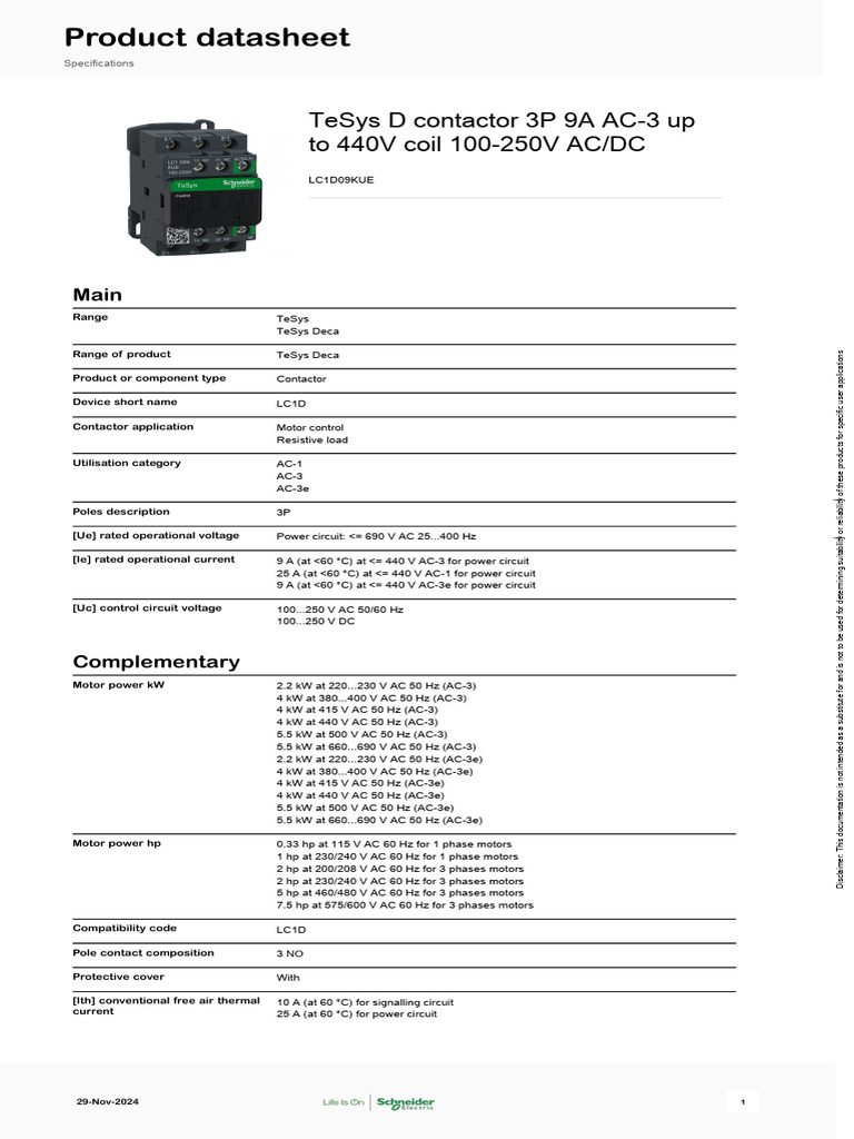 TeSys D 3P 9A Contactor Specifications | PDF | Manufactured Goods ...