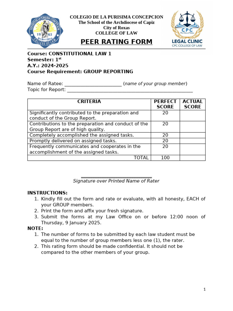 Peer Rating Form for Constitutional Law | PDF