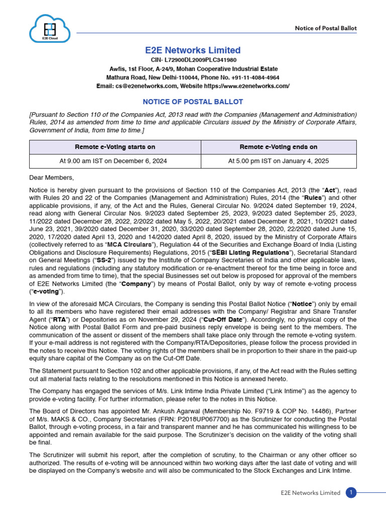 E2E Networks Postal Ballot Notice 2024 | PDF | Electronic Voting | Password