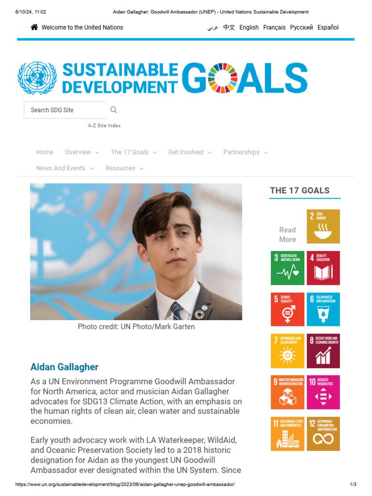 Aidan Gallagher - Goodwill Ambassador (UNEP) - United Nations ...