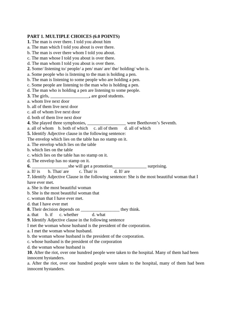 Grammar Exercises with Adjective Clauses | PDF | Clause | Sentence ...
