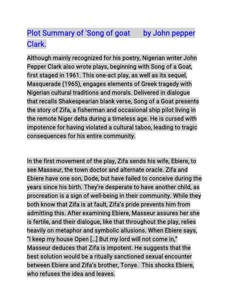 Plot Summary of - Song of Goat | PDF