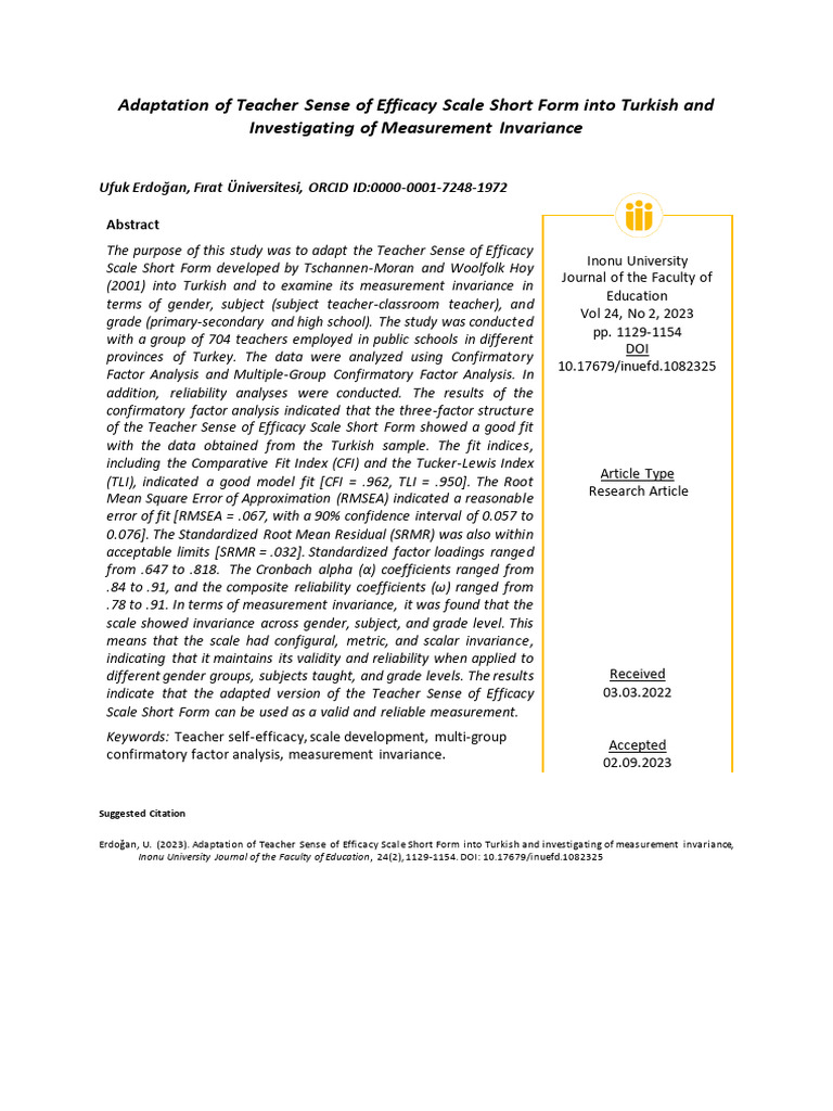 Turkish Adaptation of Teacher Efficacy Scale | PDF | Self Efficacy ...