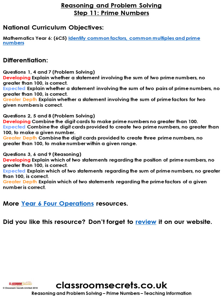 Year 6 Prime Numbers Problem Solving | PDF | Prime Number | Mathematics