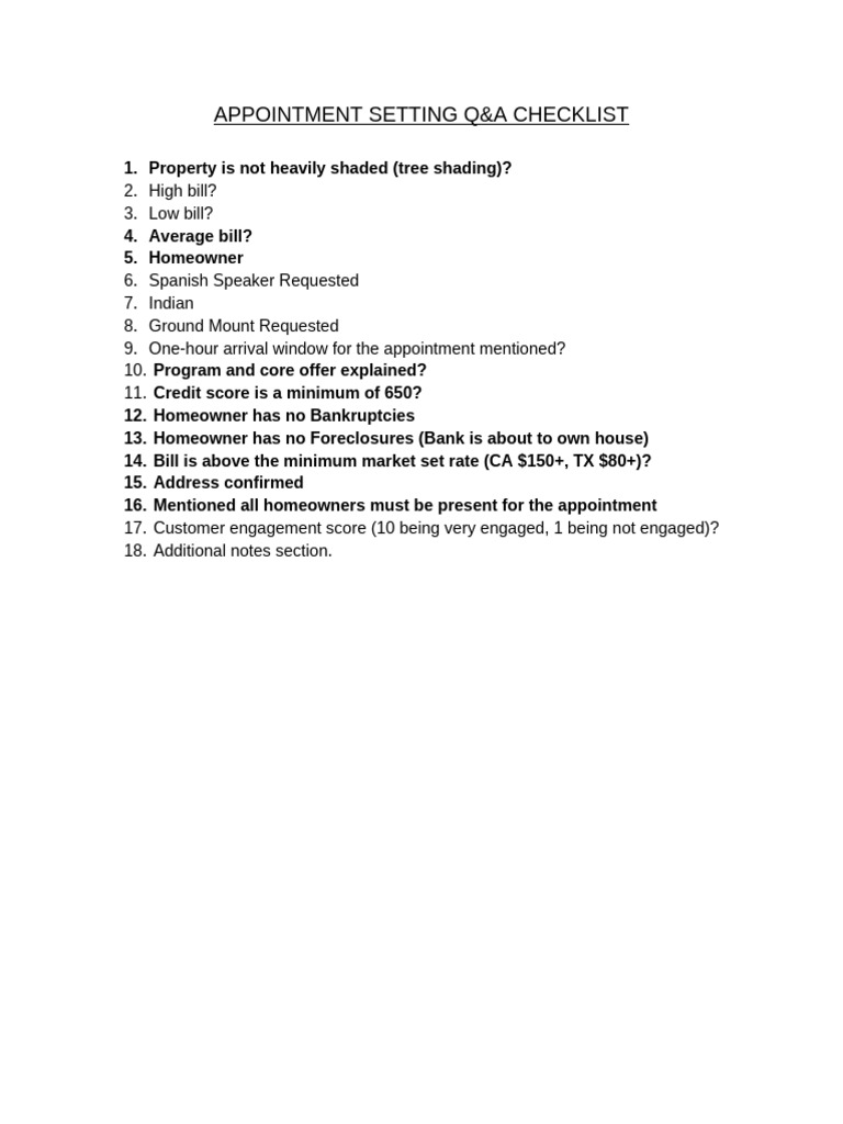 Appointment Setting Q&A Checklist | PDF