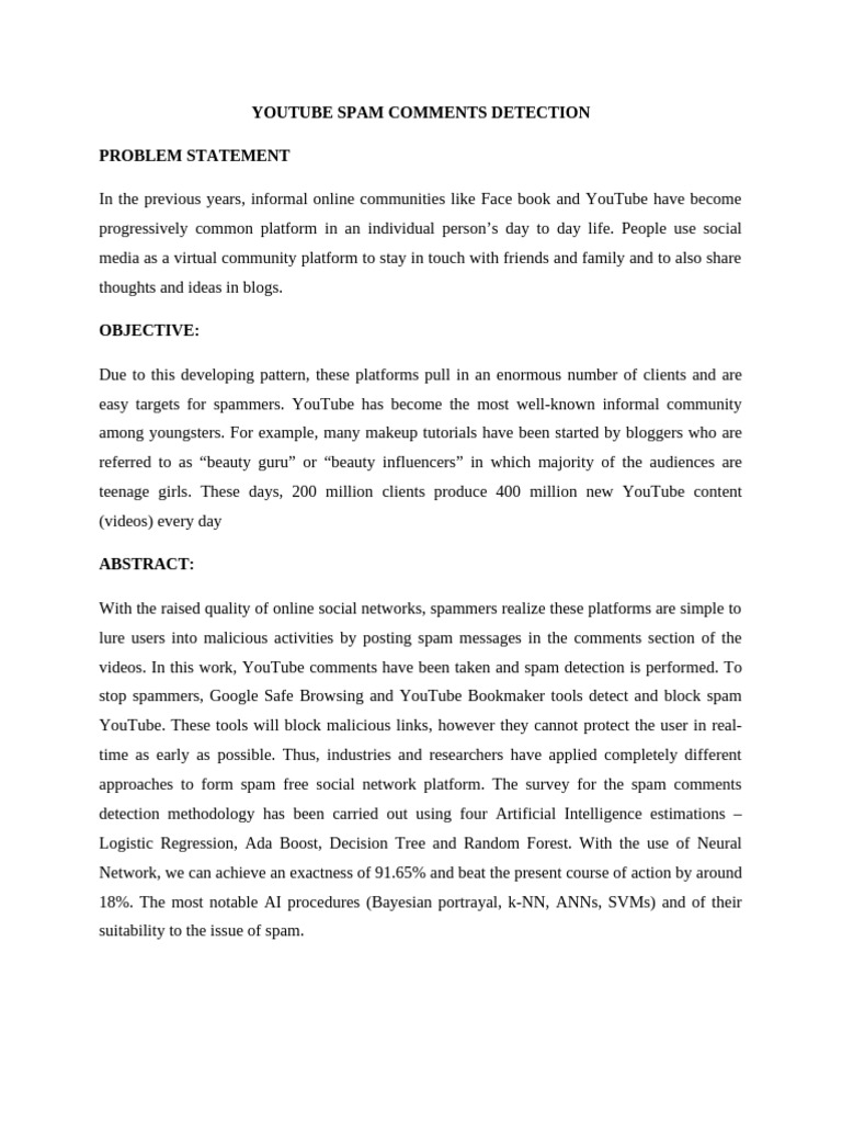 Youtube Spam Comments Detection | PDF | Spamming | Machine Learning