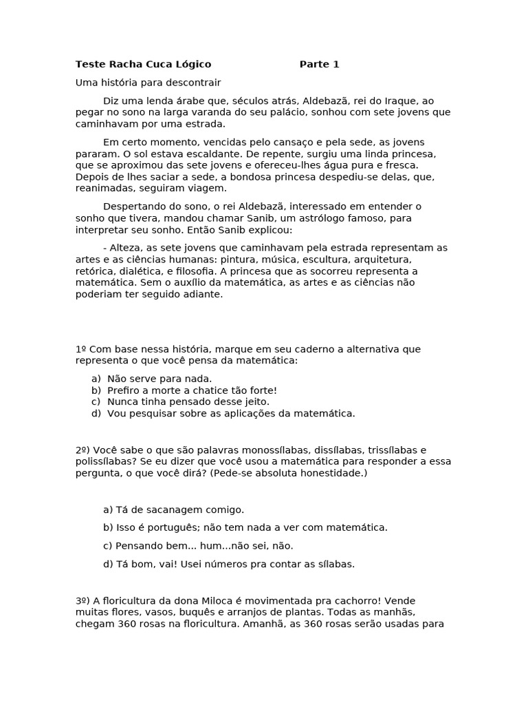Teste Lógico Racha Cuca: Parte 1 | PDF | Lógica | Matemática