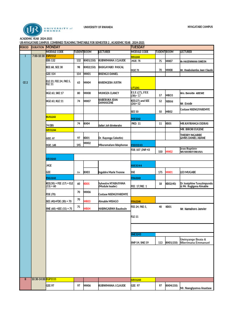 Updated Ur NC Final Combined Teaching Timetable For Semester 2 Ay 2024 ...