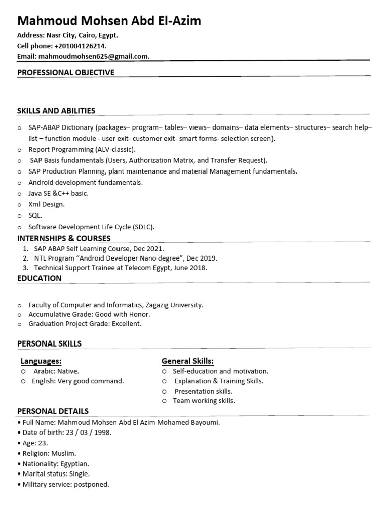 SAP Consultant Resume of Mahmoud Abd El-Azim | PDF