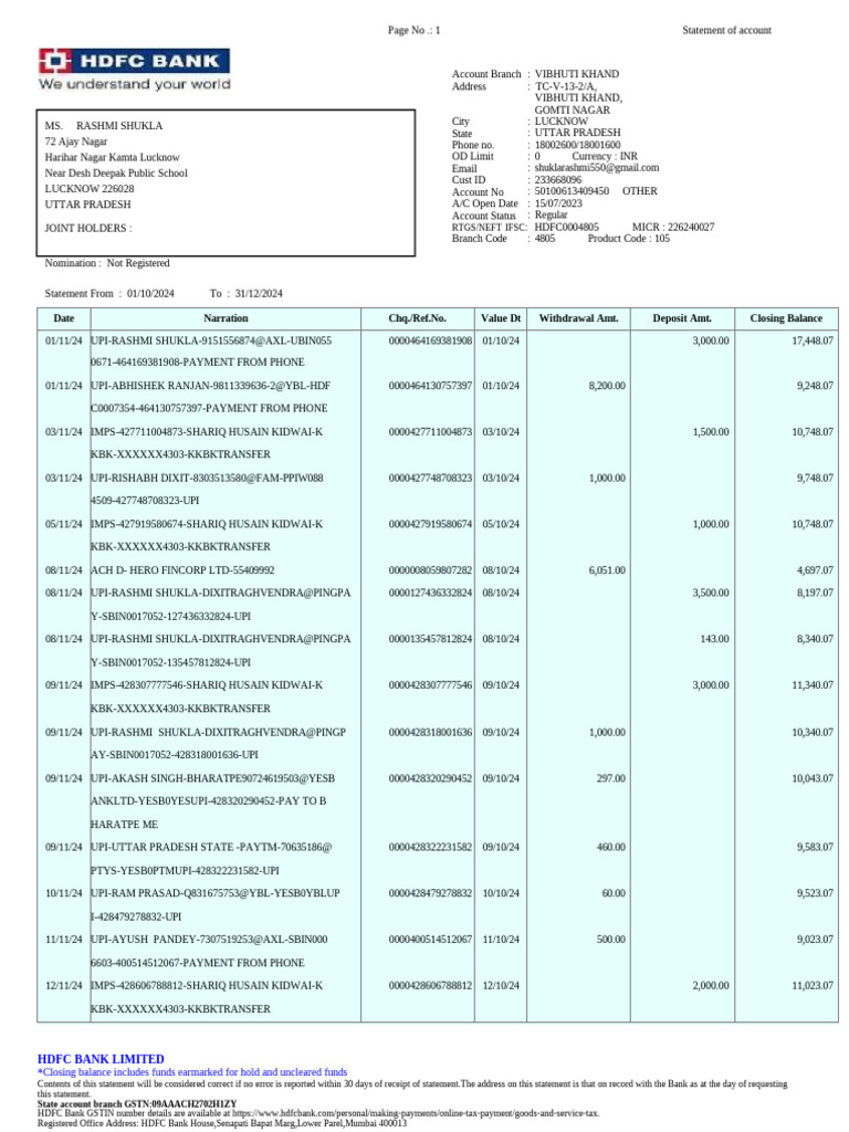 HDFC Bank Account Statement Summary | PDF | Banks | Institutional Investors