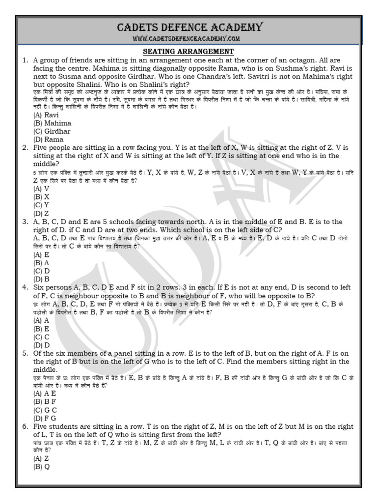 Seating Arrangement Puzzle Solutions | PDF