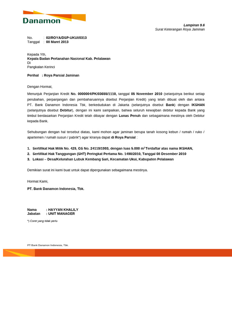 Surat Keterangan Roya Parsial Bank | PDF