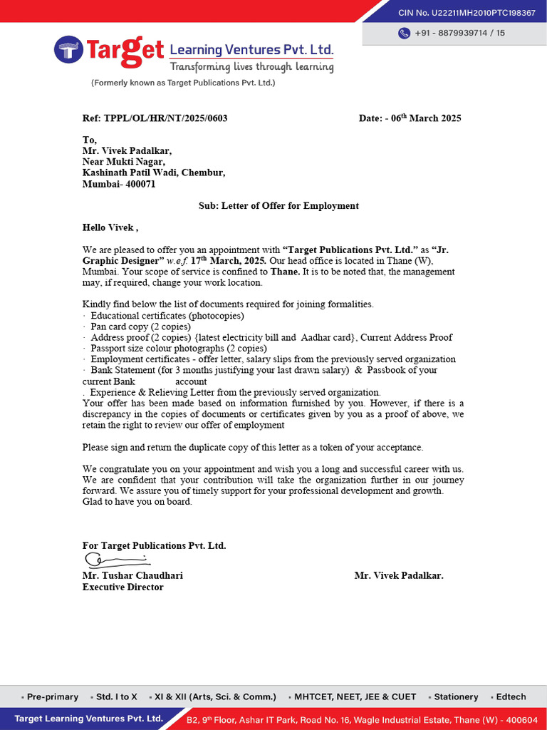 Target Publications Job Offer Letter | PDF