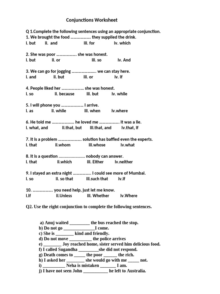 Conjunctions Practice Worksheet | PDF