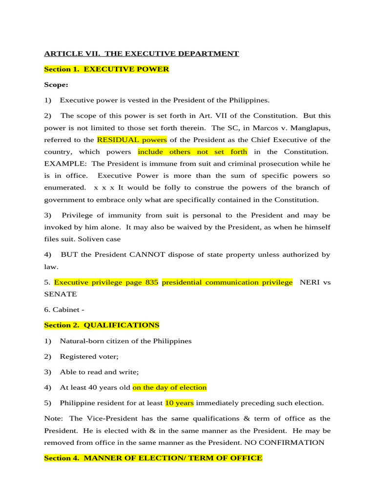 Article VII The Executive Department | PDF | Pardon | Presidents Of The ...