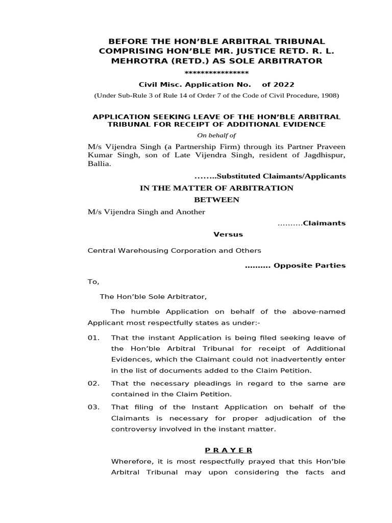 Application for Additional Evidence in Arbitration | PDF | Affidavit ...