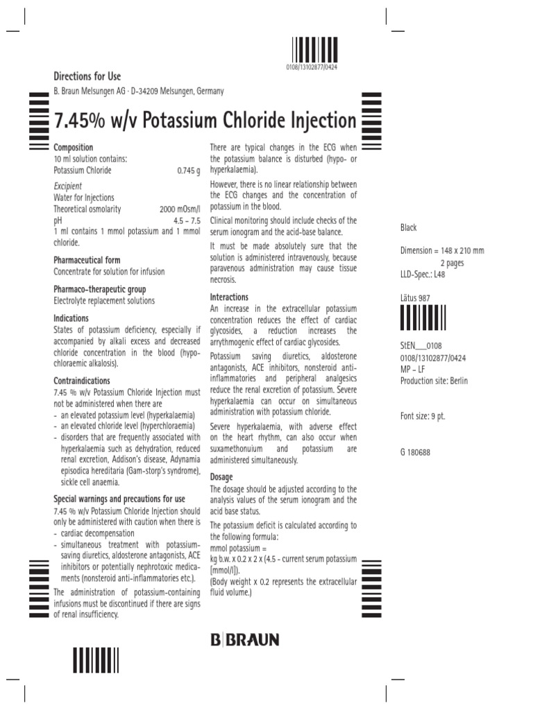 KCl Injection: Dosage and Warnings | PDF | Potassium | Chemistry