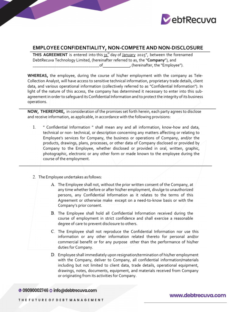 Nda - Debt Recuva - Tele-Collection Analyst 2 | PDF | Trade Secret | Patent