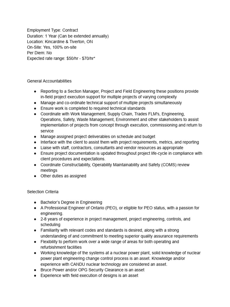 Project Engineer Contract in Kincardine | PDF | Project Management ...