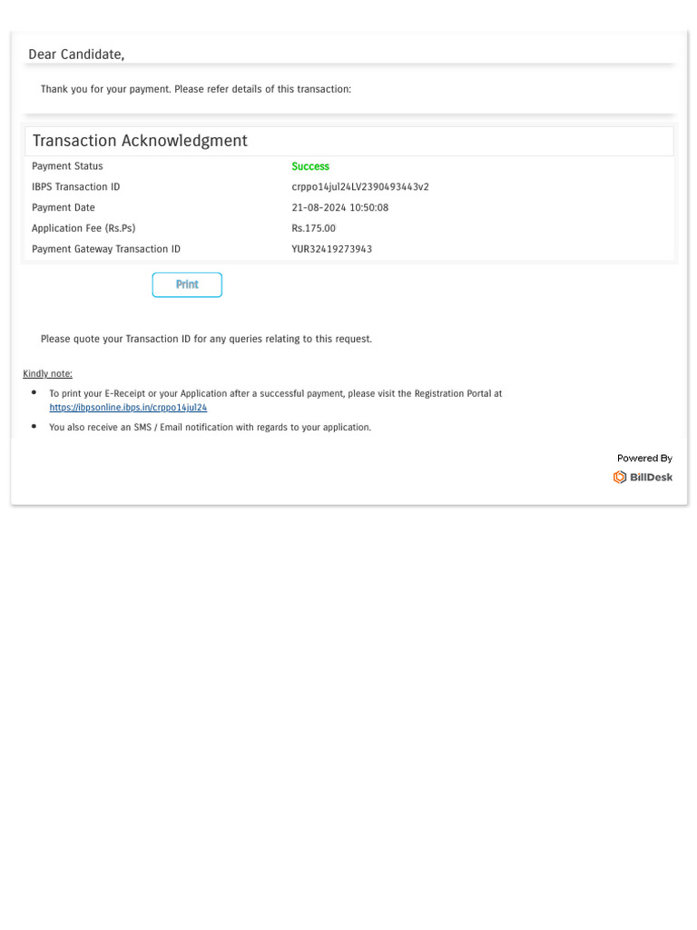 Transaction Acknowledgment for Payment | PDF