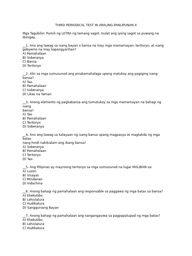 Third Periodical Test in Araling Panlipunan 4 | PDF