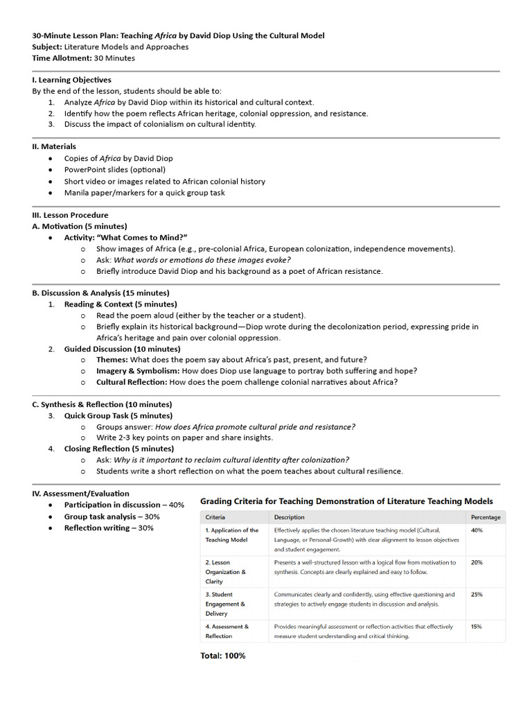 30-Minute Lesson Plan on Diop's Africa | PDF | Lesson Plan | Poetry