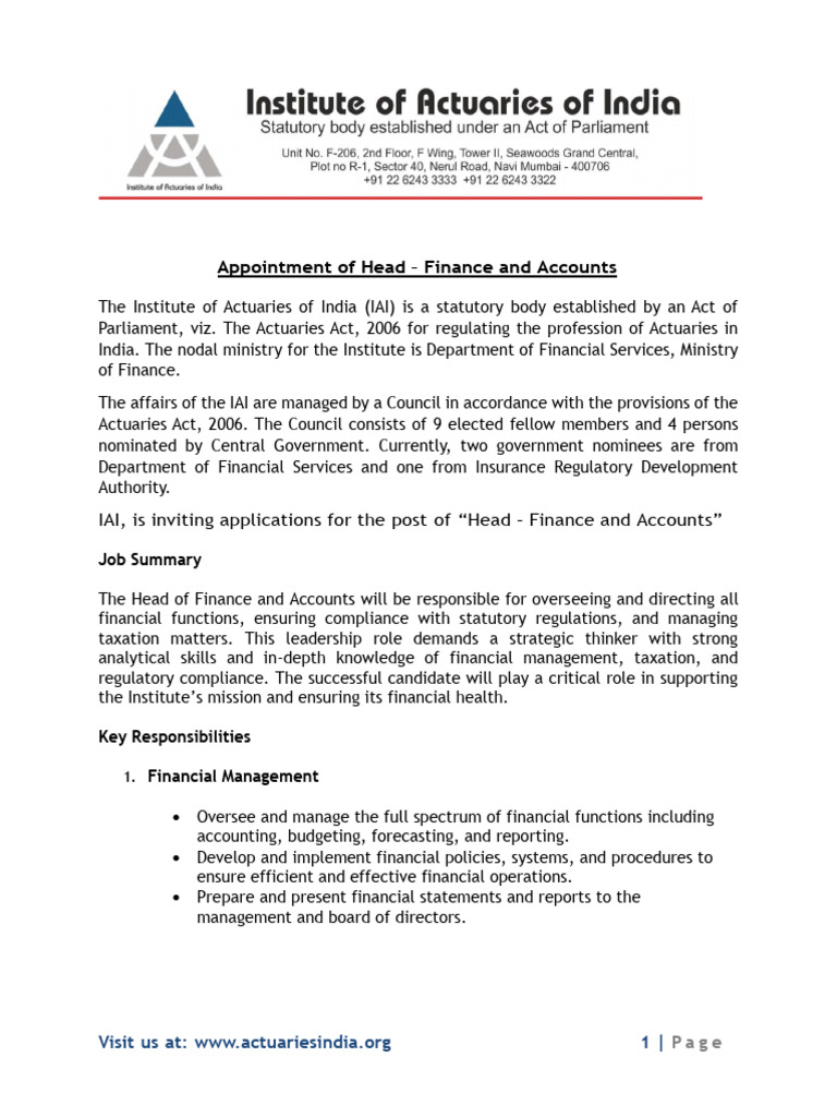 Head of Finance and Accounts Position | PDF | Audit | Regulatory Compliance