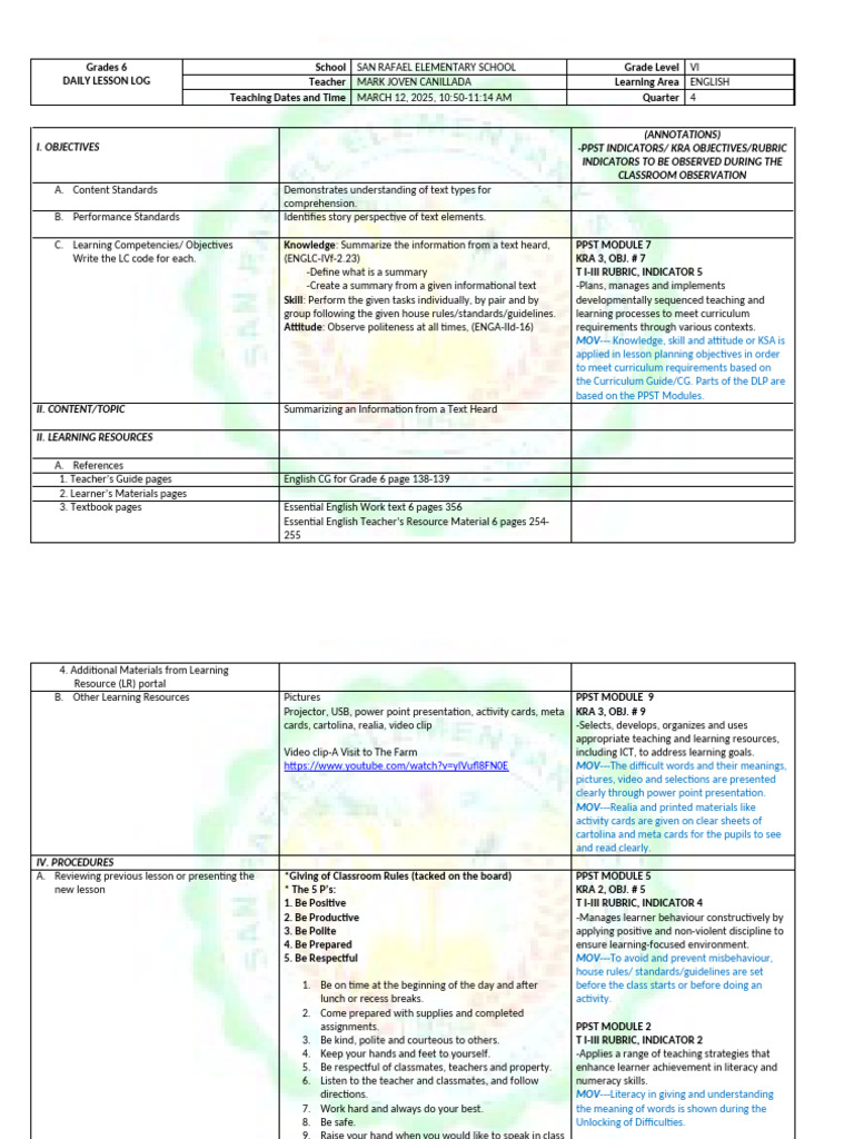 Grade 6 English Daily Lesson Plan | PDF | Learning | Curriculum