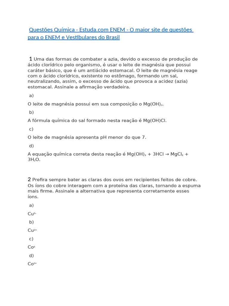 Questões de Química para ENEM e Vestibulares | PDF | Solubilidade ...