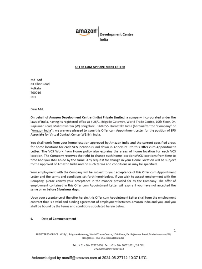 Amazon Offer Letter for SPS Associate | PDF | Business