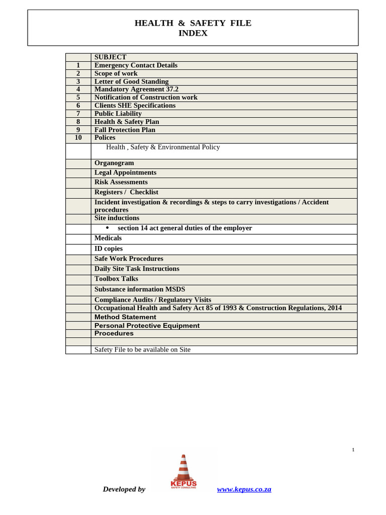 New Index for Contractors Health & Safety File | PDF