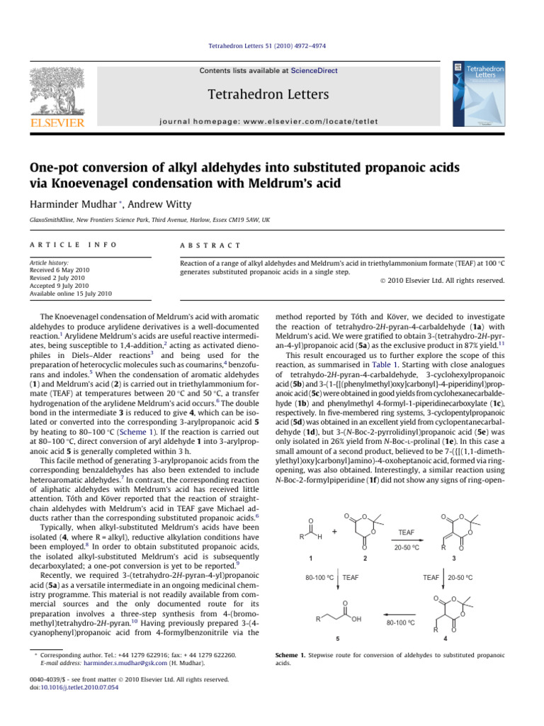 One-Pot Synthesis of Propanoic Acids | PDF | Aldehyde | Organic Chemistry