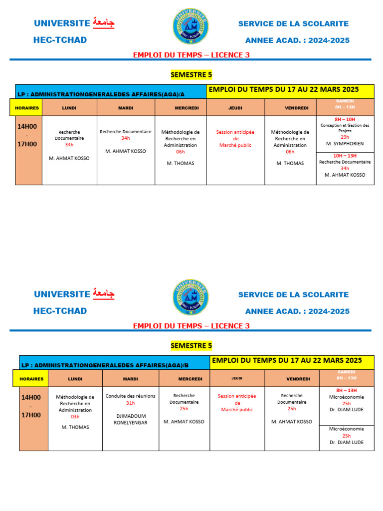 Emploi du Temps Licence 3 Semestre 5 HEC-Tchad | PDF | Business | Économie