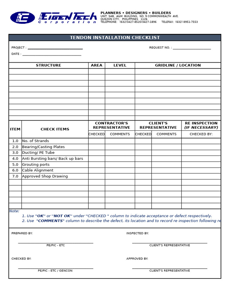 Etc Checklist Forms - Post-tensioning | PDF | Prestressed Concrete ...