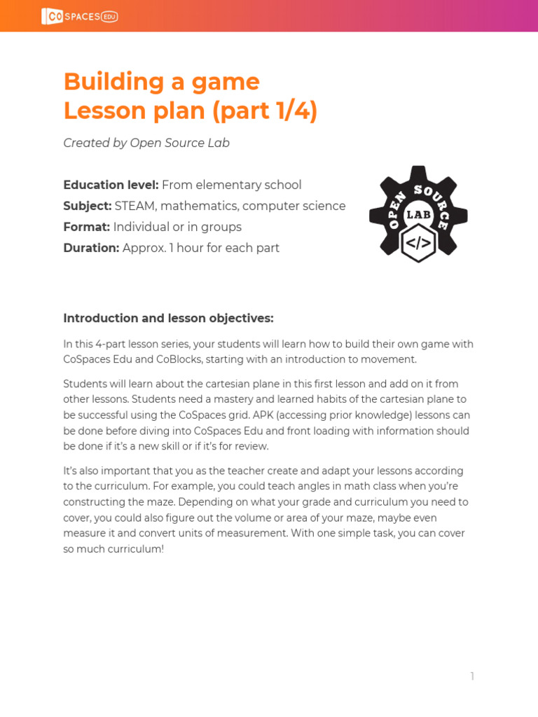 Game Building Lesson Plan Part 1 | PDF | Curriculum | Educational ...