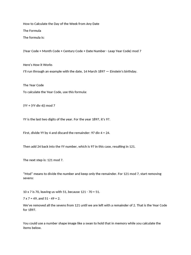 How to Calculate the Day of the Week From Any Date | PDF