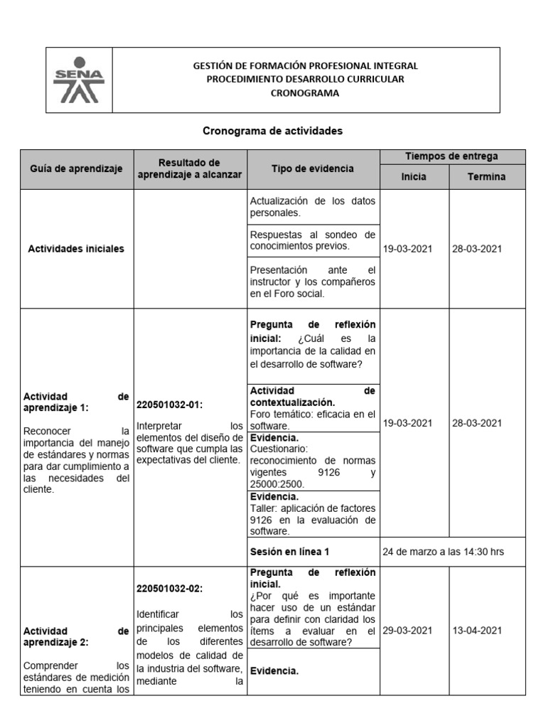 Cronograma de Actividades de Formación Profesional | PDF | Software ...