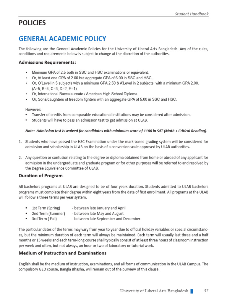 ULAB Student Handbook: Academic Policies | PDF | University And College ...