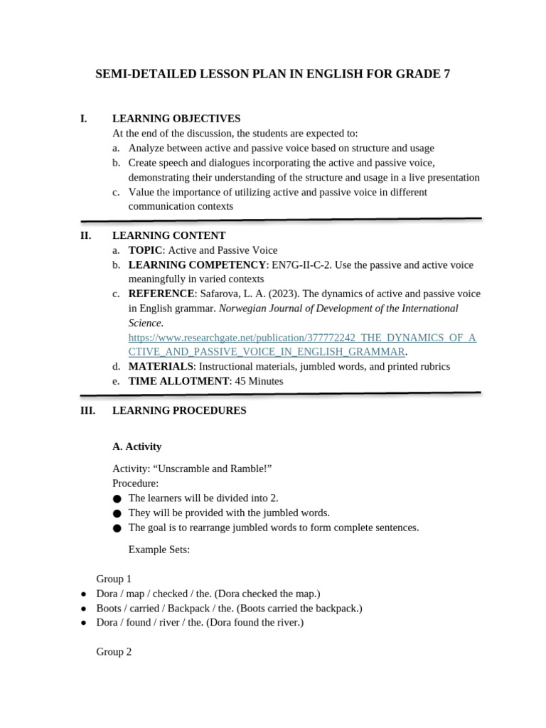 Semi Detailed Lesson Plan in English For Grade 7 | PDF | Lesson Plan ...