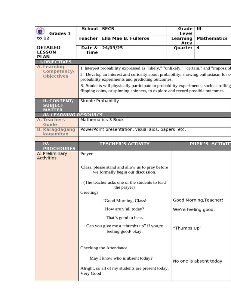 Grade 3 Probability Lesson Plan | PDF | Probability | Probability ...