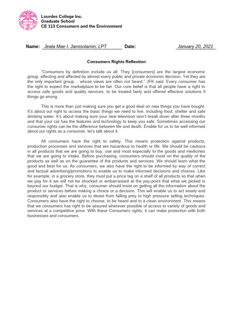 Consumers Rights Reflection | PDF | Marketing | Economies
