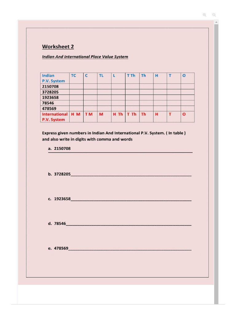 Indian and International Place Value System Class 5 Worksheet - Live ...
