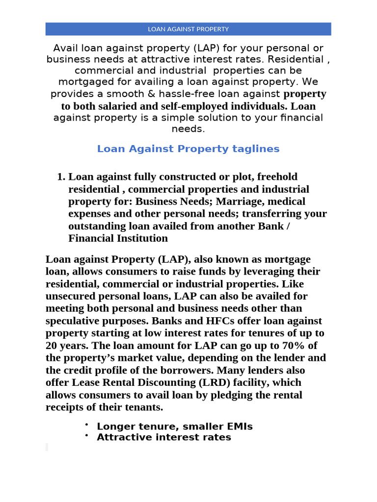 Loan Against Property for Business Needs | PDF | Loans | Interest